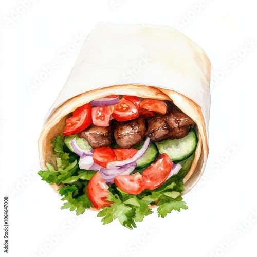 Delicious wrap filled with grilled meat, fresh vegetables, and herbs, showcasing vibrant colors on a white isolated background. photo