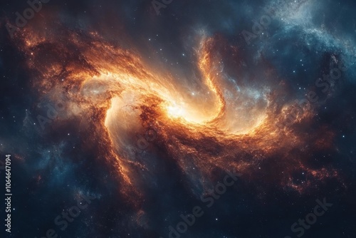 A fiery nebula swirls through the vast darkness of space, illuminated by a bright central star.