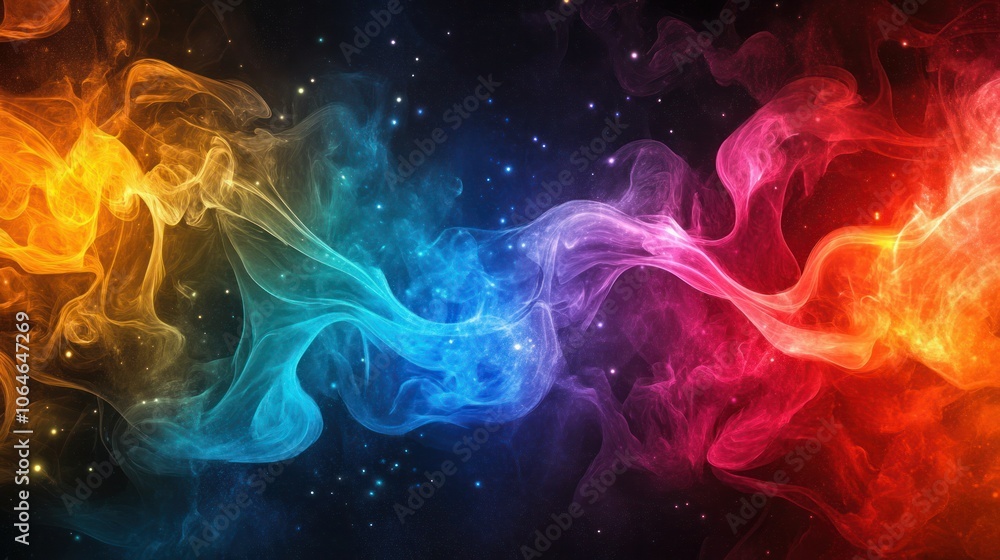 Elemental energy wallpaper, each element in soft, flowing shapes set against a dark, cosmic background Elemental energy wallpaper, each element in soft, flowing shapes set against a dark, cosmic background