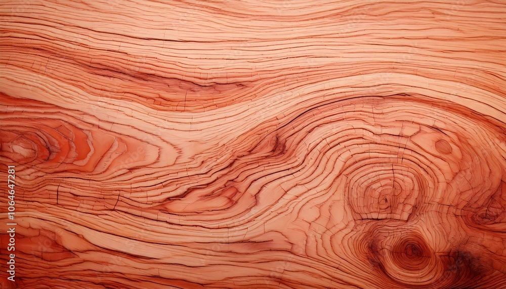 Fototapeta premium Close-up of orange wood grain featuring intricate lines, knots, and organic patterns, perfect for background or design use.