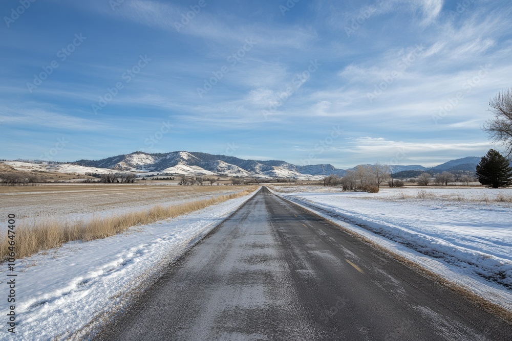 Snowy Road Trip. Scenic Winter Landscape with Empty Asphalt Road Leading to Mountains Snowy Road Trip. Scenic Winter Landscape with Empty Asphalt Road Leading to Mountains