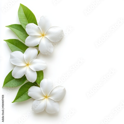 White plumeria flowers with green leaves against a white background, showcasing their delicate beauty and serene appearance.