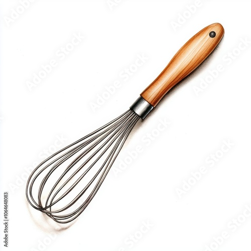 A sleek stainless steel whisk with a wooden handle, perfect for mixing ingredients and creating delicious culinary masterpieces.