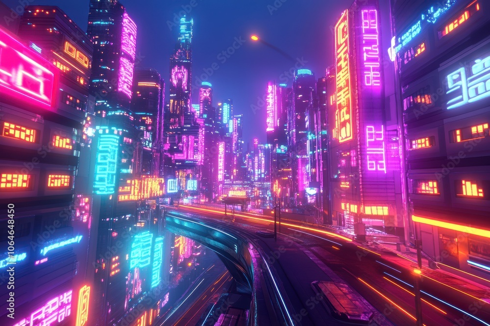 A futuristic cityscape at night, illuminated by vibrant neon lights and glowing signs. A futuristic cityscape at night, illuminated by vibrant neon lights and glowing signs.