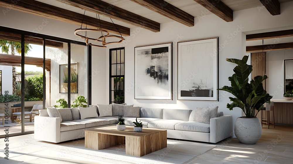 Modern farmhouse living room with a light grey sofa Modern farmhouse living room with a light grey sofa