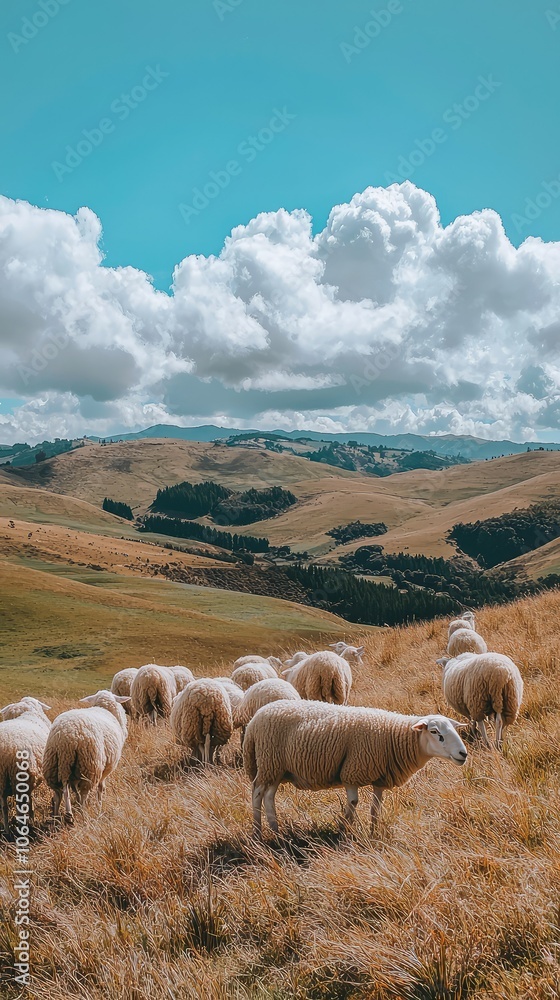Fototapeta premium Peaceful Pastoral Scene with Grazing Sheep