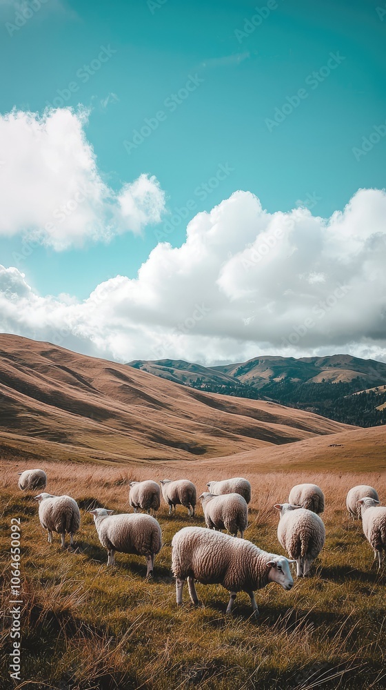 Fototapeta premium Scenic Pasture with Grazing Sheep Under Blue Sky