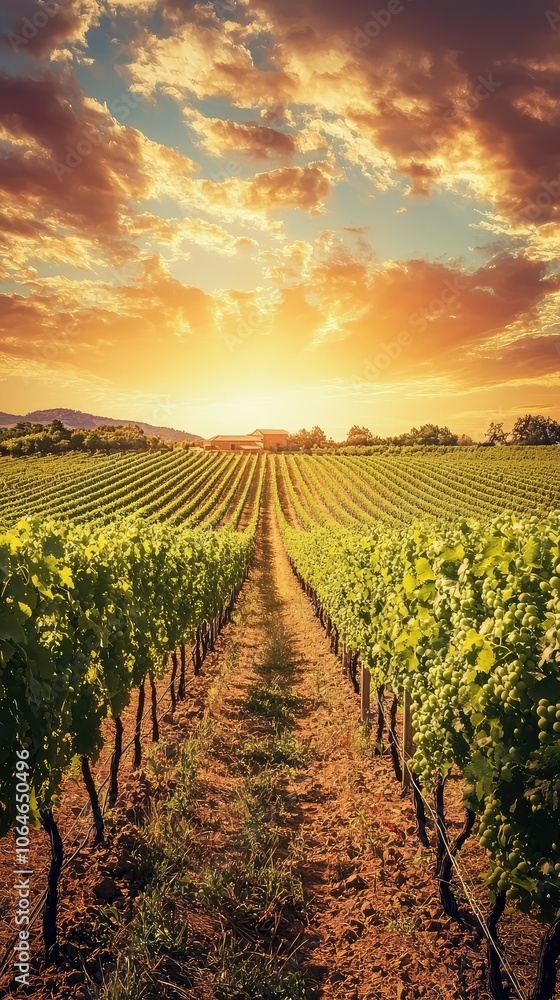 Naklejka premium Sunset Over Vineyard Rows at Rustic Landscape