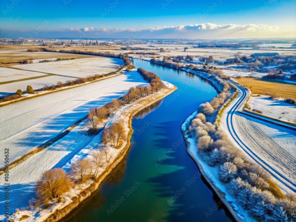 Fototapeta premium Aerial View of Edogawa River Bank and Snow-Covered Fields in Winter, Showcasing the Serenity of Nature and the Beauty of Seasonal Transformation