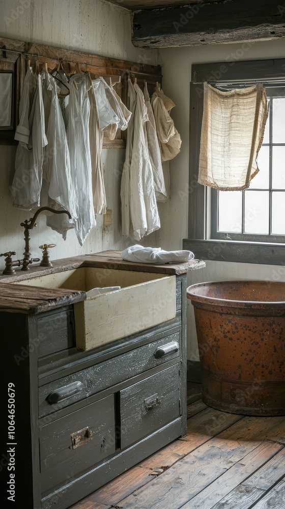 Rustic Farmhouse Laundry Area with Wooden Features Rustic Farmhouse Laundry Area with Wooden Features