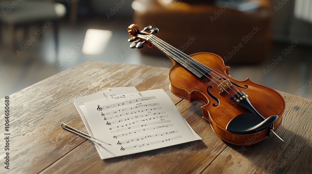 Fototapeta premium An artistic shot of a violin and song note paper placed side by side on a wooden table, viewed from the front