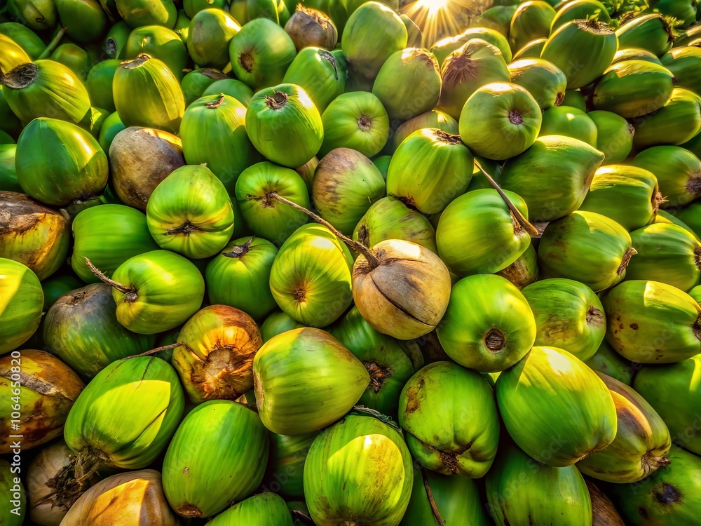 Aerial View of Freshly Harvested Green Coconuts Piled Together in Sunlight Casting Beautiful Shadows, Showcasing Tropical Agriculture and Nature's Bounty Aerial View of Freshly Harvested Green Coconuts Piled Together in Sunlight Casting Beautiful Shadows, Showcasing Tropical Agriculture and Nature's Bounty