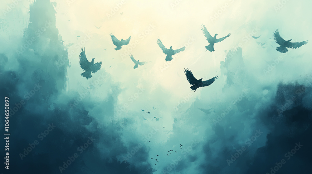 Obraz premium A flock of birds soaring through the sky, with some of the birds appearing to pass through invisible, floating portals, as if traveling between dimensions