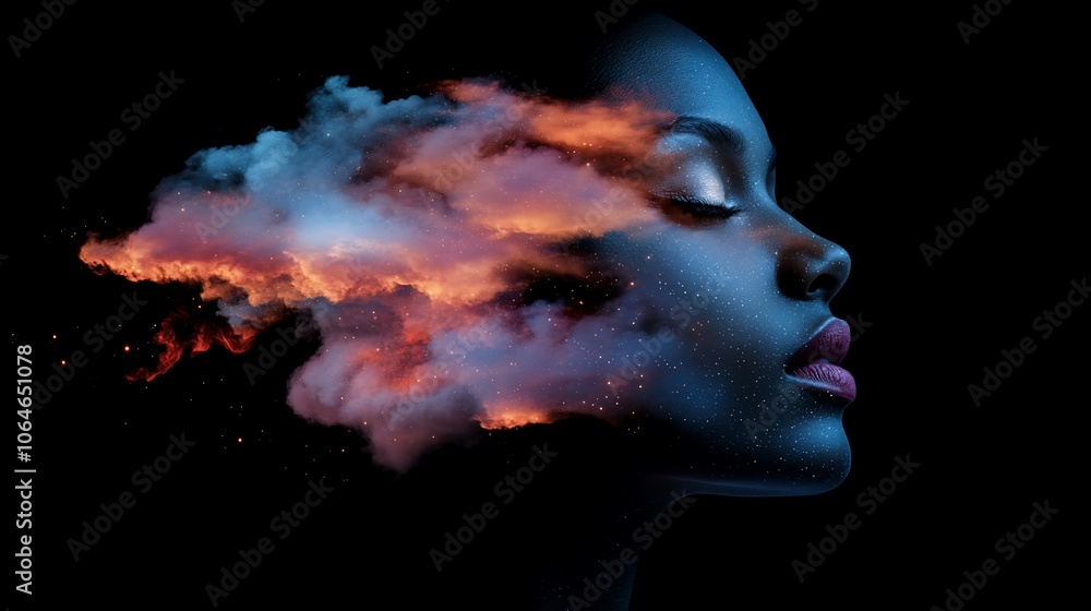 A woman's face is obscured by a cloud of swirling smoke and fire. A woman's face is obscured by a cloud of swirling smoke and fire.