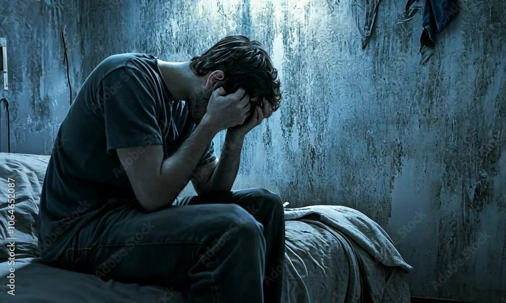 A person sits on a bed, head in hands, expressing deep sadness in a dimly lit room. A person sits on a bed, head in hands, expressing deep sadness in a dimly lit room.