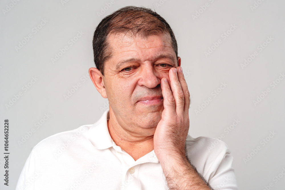Concerned older man touching his face in a neutral-toned setting reflecting an emotional moment Concerned older man touching his face in a neutral-toned setting reflecting an emotional moment
