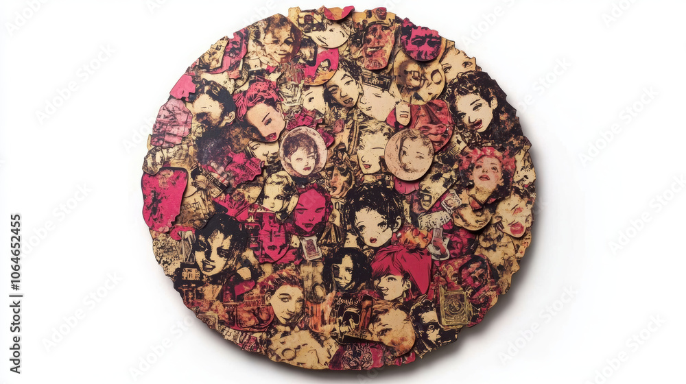 Fototapeta premium Unique urban art piece featuring collage of diverse faces and expressions, showcasing vibrant colors and intricate details. This sticker bomb design captures essence of guerrilla marketing
