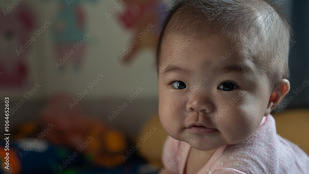 Portrait image of happy local lifestyle Asian Chinese baby girl on bed Portrait image of happy local lifestyle Asian Chinese baby girl on bed