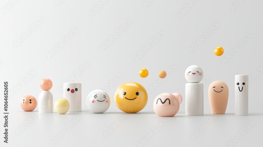 An illustration of various 3D emoticons with round faces in different postures and expressions, each conveying emotions from happiness to frustration. The glowing, simple design with smooth colors An illustration of various 3D emoticons with round faces in different postures and expressions, each conveying emotions from happiness to frustration. The glowing, simple design with smooth colors