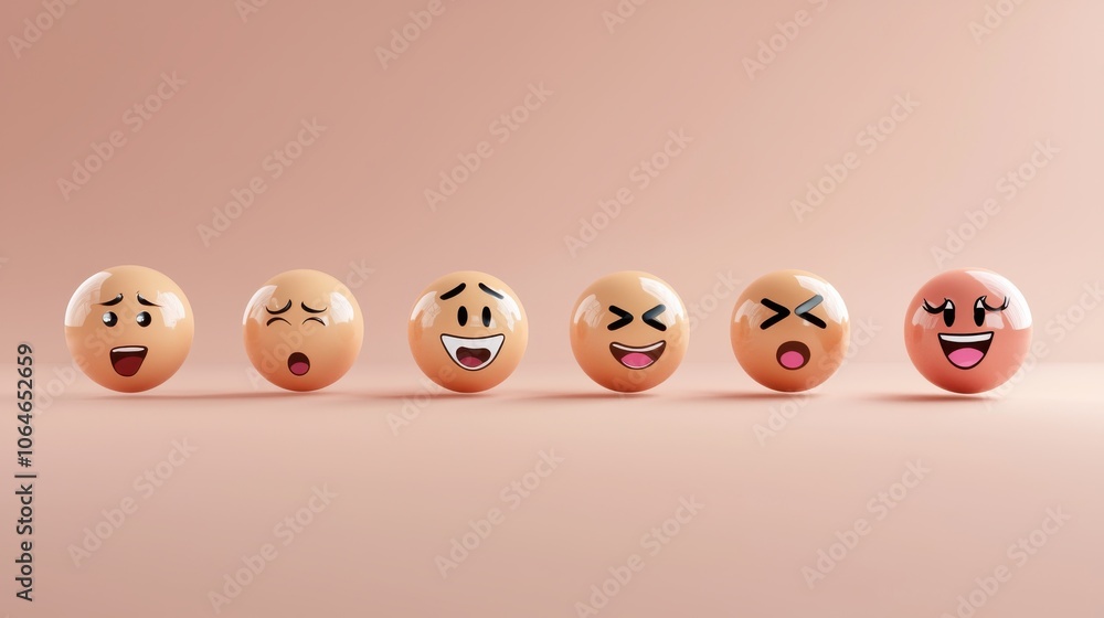 An illustration of various 3D emoticons with round faces in different postures and expressions, each conveying emotions from happiness to frustration. The glowing, simple design with smooth colors An illustration of various 3D emoticons with round faces in different postures and expressions, each conveying emotions from happiness to frustration. The glowing, simple design with smooth colors