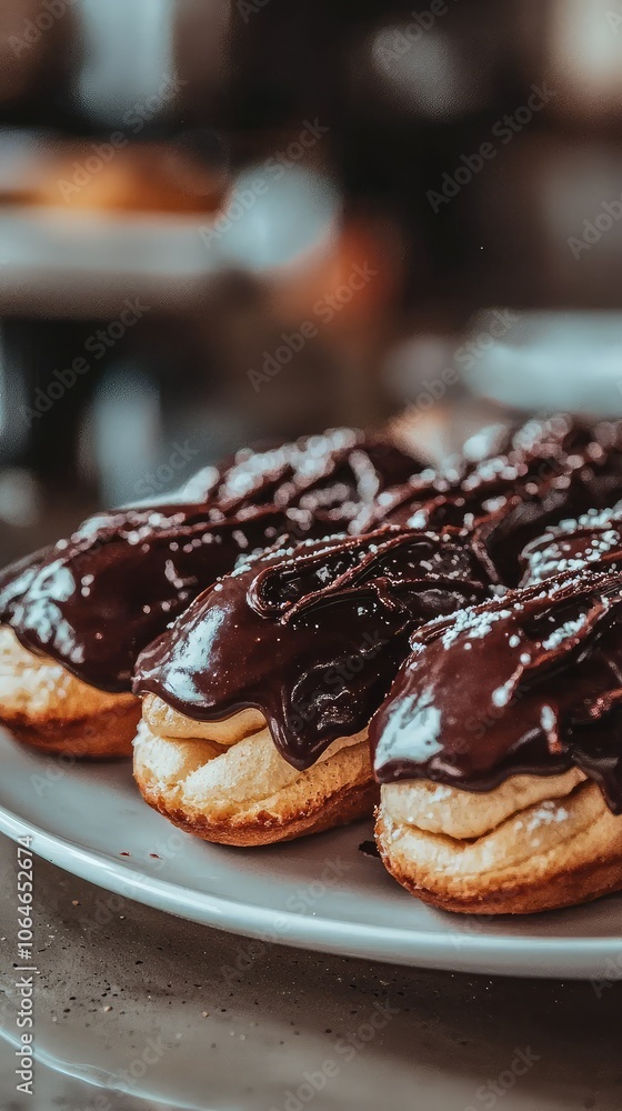 Freshly Baked Chocolate Eclairs on a Plate Freshly Baked Chocolate Eclairs on a Plate