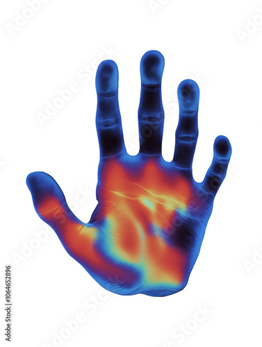 infrared thermographic hand. thermal handprint isolated. hand heat map. hand digital scanner. thermal hand. palm heat map. hand thermal map. Digital identification. no background.