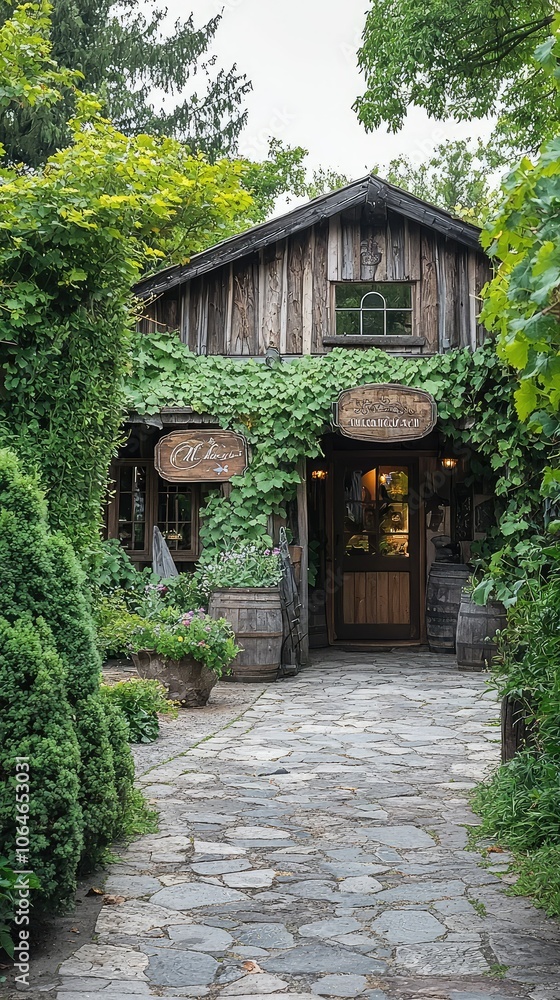 Charming Winery Entrance Surrounded by Lush Greenery