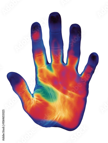 infrared thermographic hand. thermal handprint isolated. hand heat map. hand digital scanner. thermal hand. palm heat map. hand thermal map. Digital identification. no background.