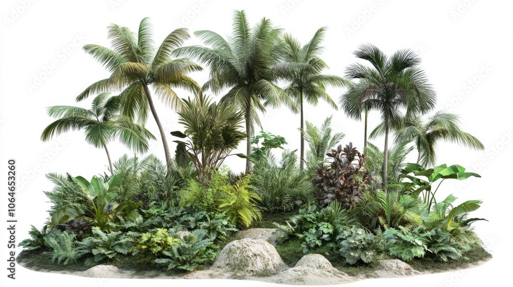 Fototapeta premium Tropical Oasis with Palm Trees and Lush Greenery in a Cut-Out Style