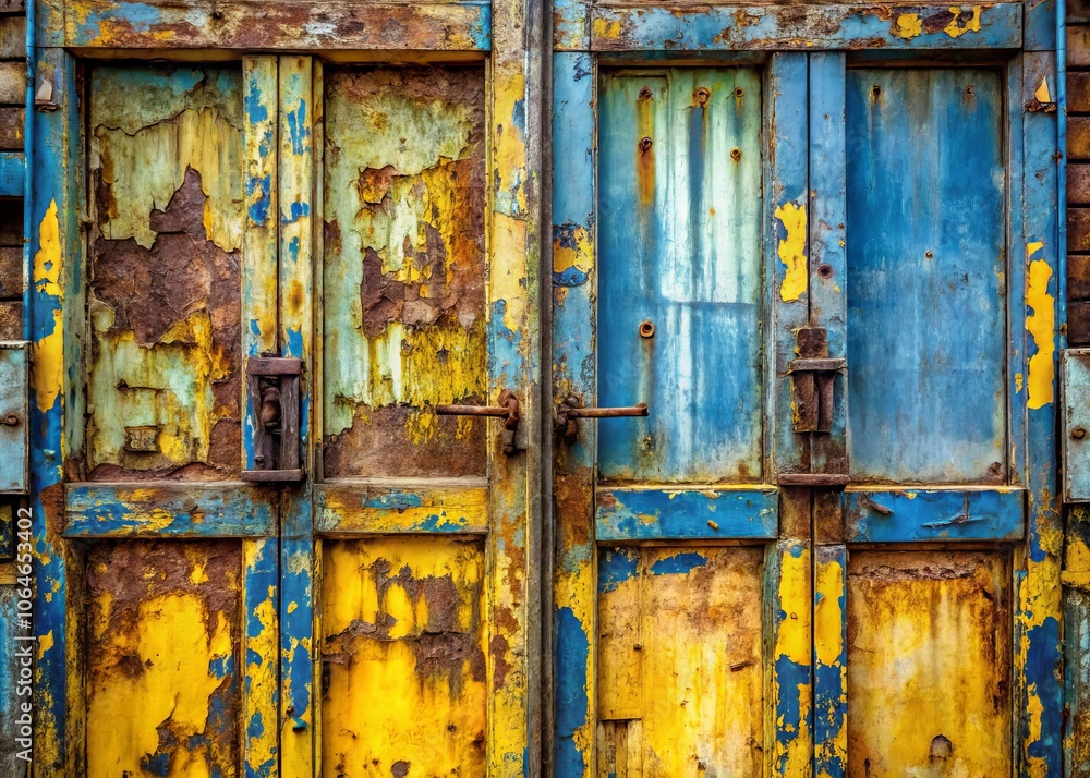 Aged Industrial Double Door with Flaking Blue and Yellow Paint: Capturing the Beauty of Rusty Textures in Abandoned Spaces and the Story of Time’s Passage in Urban Decay Aged Industrial Double Door with Flaking Blue and Yellow Paint: Capturing the Beauty of Rusty Textures in Abandoned Spaces and the Story of Time’s Passage in Urban Decay