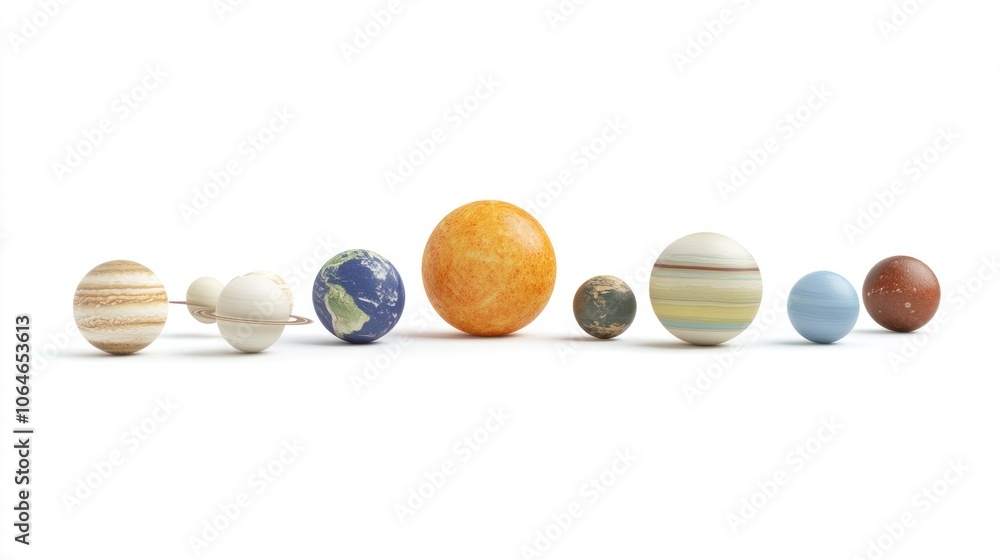 Planet arrangement with the sun, isolated on white, showcasing an educational view of the solar system Planet arrangement with the sun, isolated on white, showcasing an educational view of the solar system