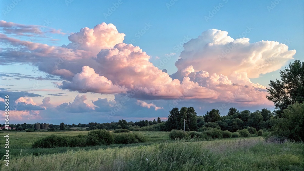 soft pink clouds against a blue summer sky, morning light, outdoors soft pink clouds against a blue summer sky, morning light, outdoors