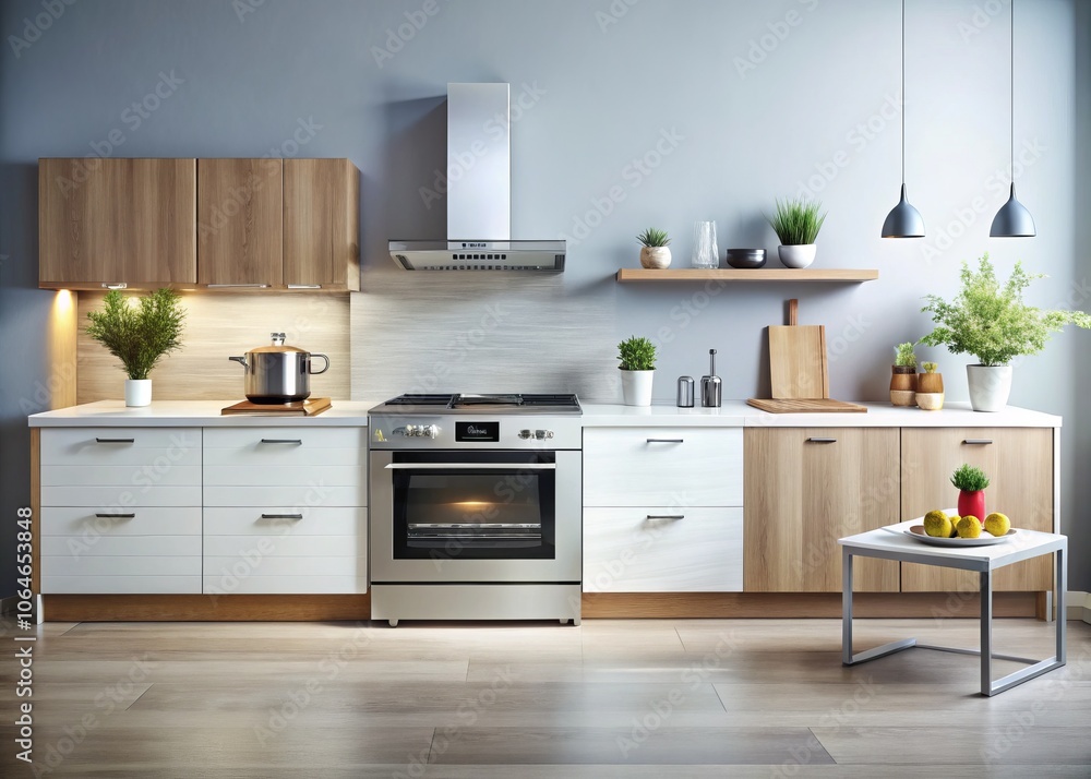 A Minimalist Display of Kitchen Appliances Including a Sleek Oven on a Reflective Surface, Capturing Modern Design and Functionality in a Stylish Culinary Space A Minimalist Display of Kitchen Appliances Including a Sleek Oven on a Reflective Surface, Capturing Modern Design and Functionality in a Stylish Culinary Space