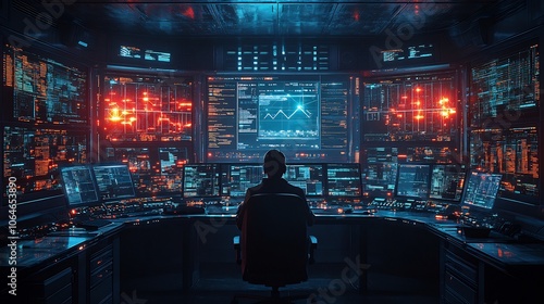 Holographic control room multiple screens displaying security alerts encrypted data and firewall status representing advanced cyber defense operations