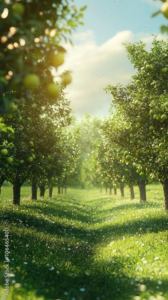 Lush Orchard Pathway with Fruit Trees and Sunlight Lush Orchard Pathway with Fruit Trees and Sunlight