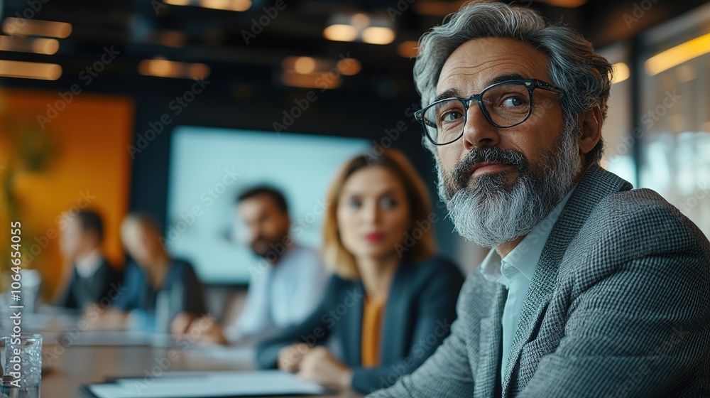 Business professionals in a meeting room, using both face-to-face communication Business professionals in a meeting room, using both face-to-face communication