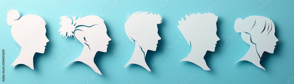 Elegant paper-cut profiles, Four unique silhouettes against a serene light-blue backdrop. Elegant paper-cut profiles, Four unique silhouettes against a serene light-blue backdrop.