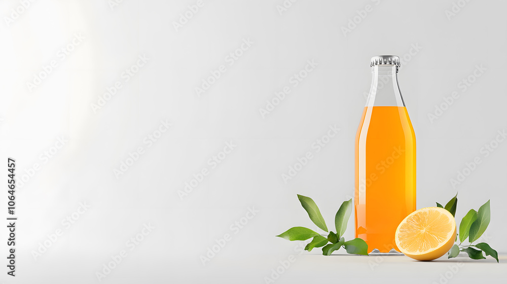 Fototapeta premium Fresh orange drink in bottle with lemon and green leaves
