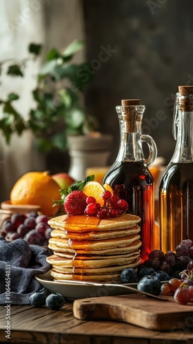 Delicious Pancakes with Fresh Fruits and Syrup