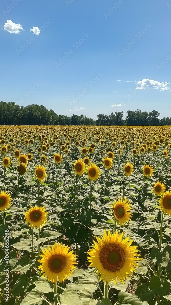 Naklejka premium Sunflower Field Under Bright Blue Sky