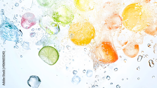 Fresh fruits and ice splash in vibrant colors, creating refreshing scene