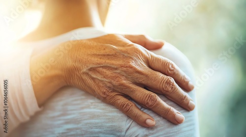 Gentle touch on shoulder, soft lighting, warmth. photo