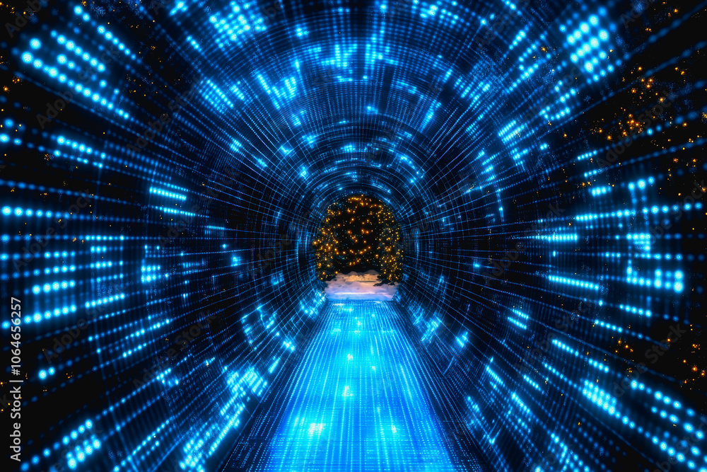 Neon Cyberpunk Tunnel with Digital Elements Neon Cyberpunk Tunnel with Digital Elements