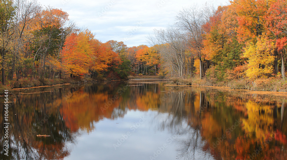 Fototapeta premium A calm river reflecting the bright colors of autumn trees lining its banks, creating a peaceful scene.