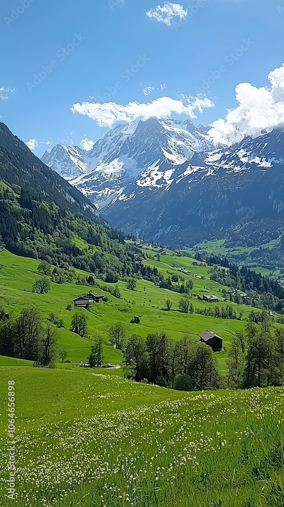 Obraz premium Panoramic View of Lush Green Swiss Alps Landscape