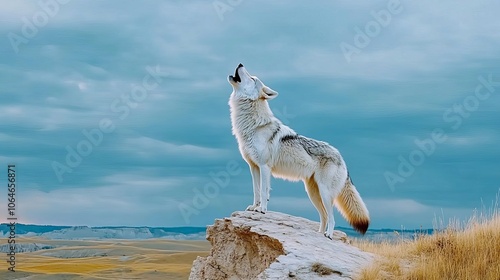 A lone wolf standing on a cliff howling, representing independence and courage in change, Dramatic lighting.