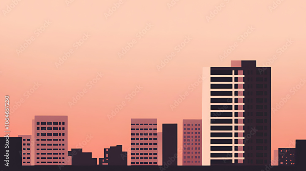 Minimalist cityscape silhouette against a soft pink sunset sky. Minimalist cityscape silhouette against a soft pink sunset sky.