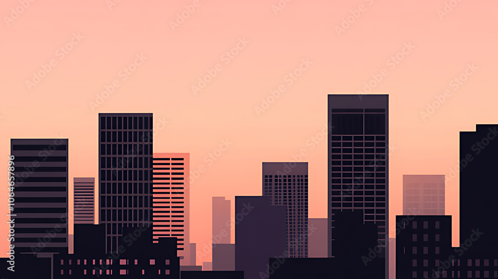 Silhouette of a city skyline against a pink sunset sky. Silhouette of a city skyline against a pink sunset sky.
