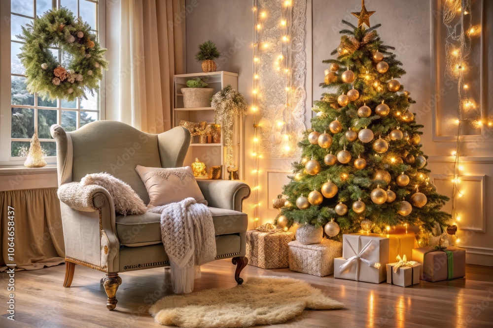 Beautifully Decorated Holiday Room Featuring a Christmas Tree, Cozy White Chair with a Soft Knitted Blanket and Cushions to Create a Warm Festive Atmosphere Beautifully Decorated Holiday Room Featuring a Christmas Tree, Cozy White Chair with a Soft Knitted Blanket and Cushions to Create a Warm Festive Atmosphere