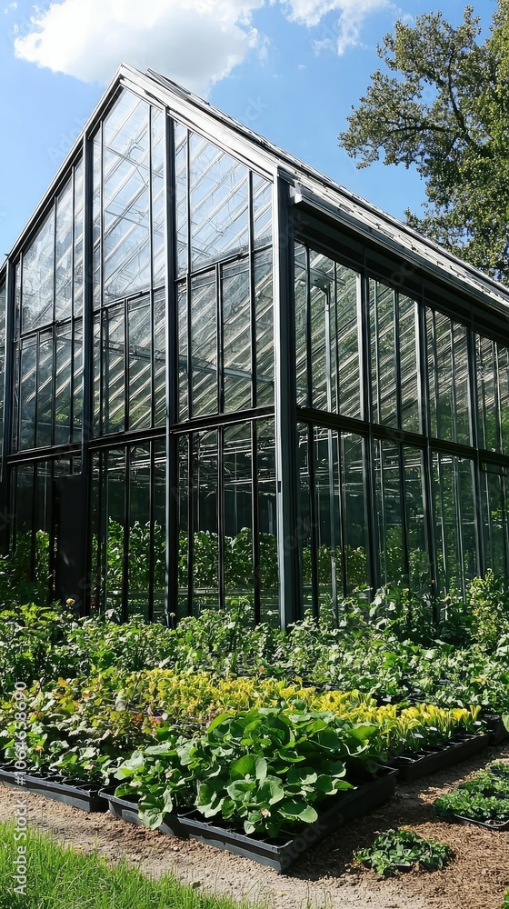 Modern Glass Greenhouse with Lush Plant Life Modern Glass Greenhouse with Lush Plant Life